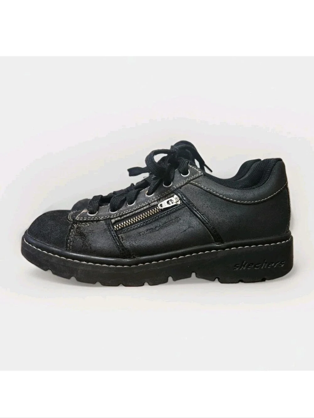 VTG Y2K Skechers Tredd Jammers 8 Black Suede 46406 Chunky Shoes Side Zip Pocket